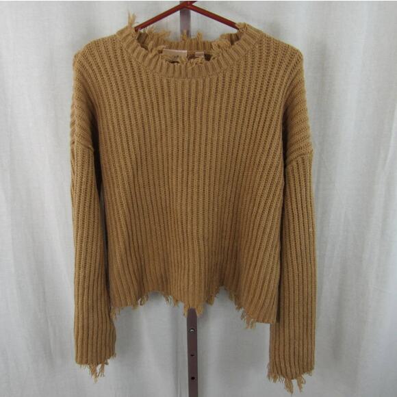 Willow + Root Women's Large Dark Taupe Metallic Destructed Knit Sweater Fringe - Picture 3 of 9